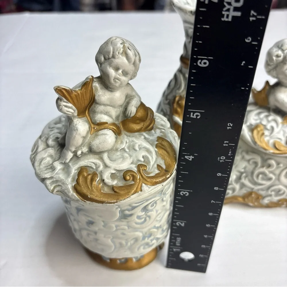 Vintage Acson Japan Cherub Vanity Bathroom Set Ceramic Mid-Century Gold Accents